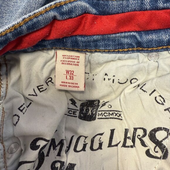 Smugglers Moon men’s Distressed Blue Jeans Size 32x33 Skull & Crossbones Cuffed - Picture 9 of 12